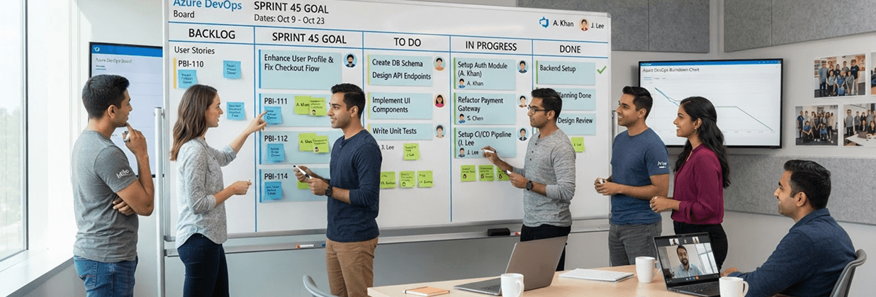 A team collaborating around an Azure DevOps sprint board